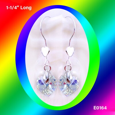 Clear Swarovski Crystal Heart Earrings, Silver Bale, Blue-White-Rainbow Shimmery Sparkles - You Choose Your Favorite Earring Finding Tops - image1